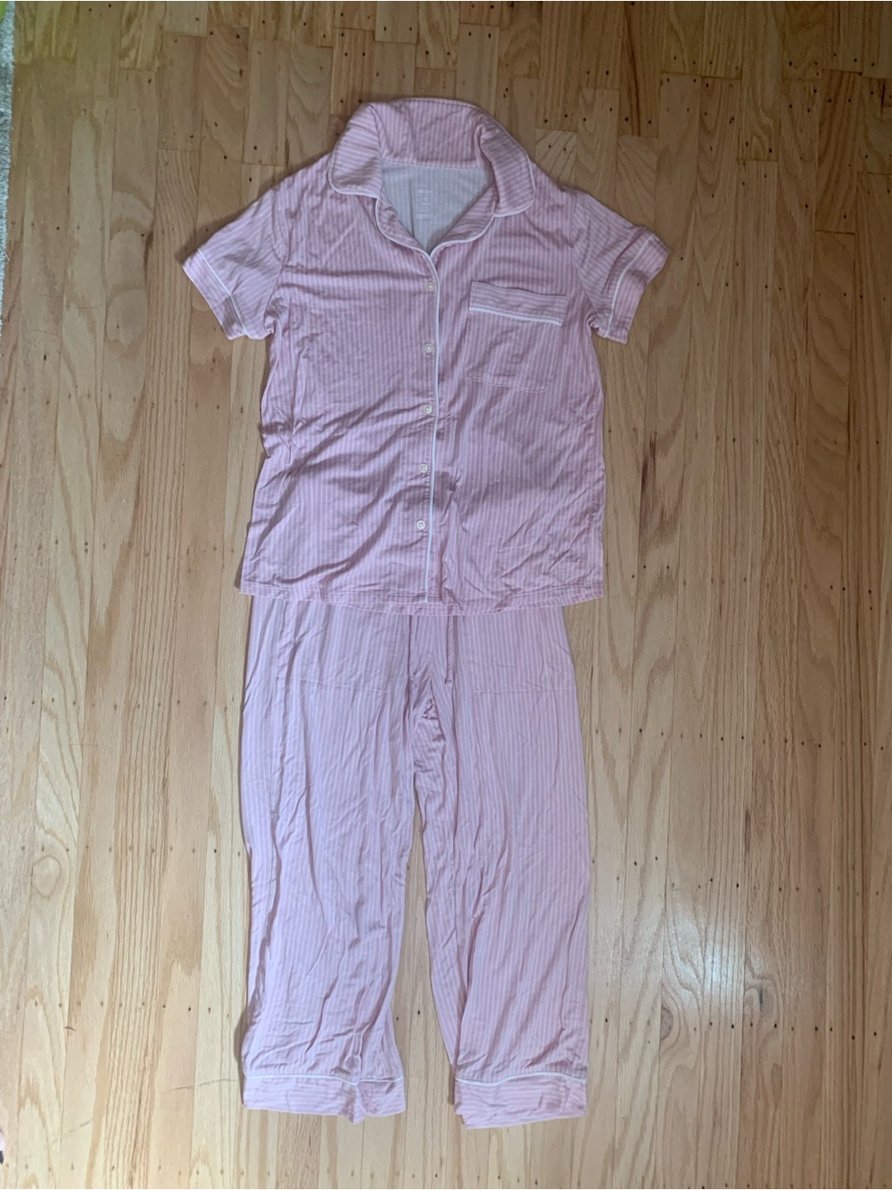 Auden pink with thin white vertical stripes pajama set